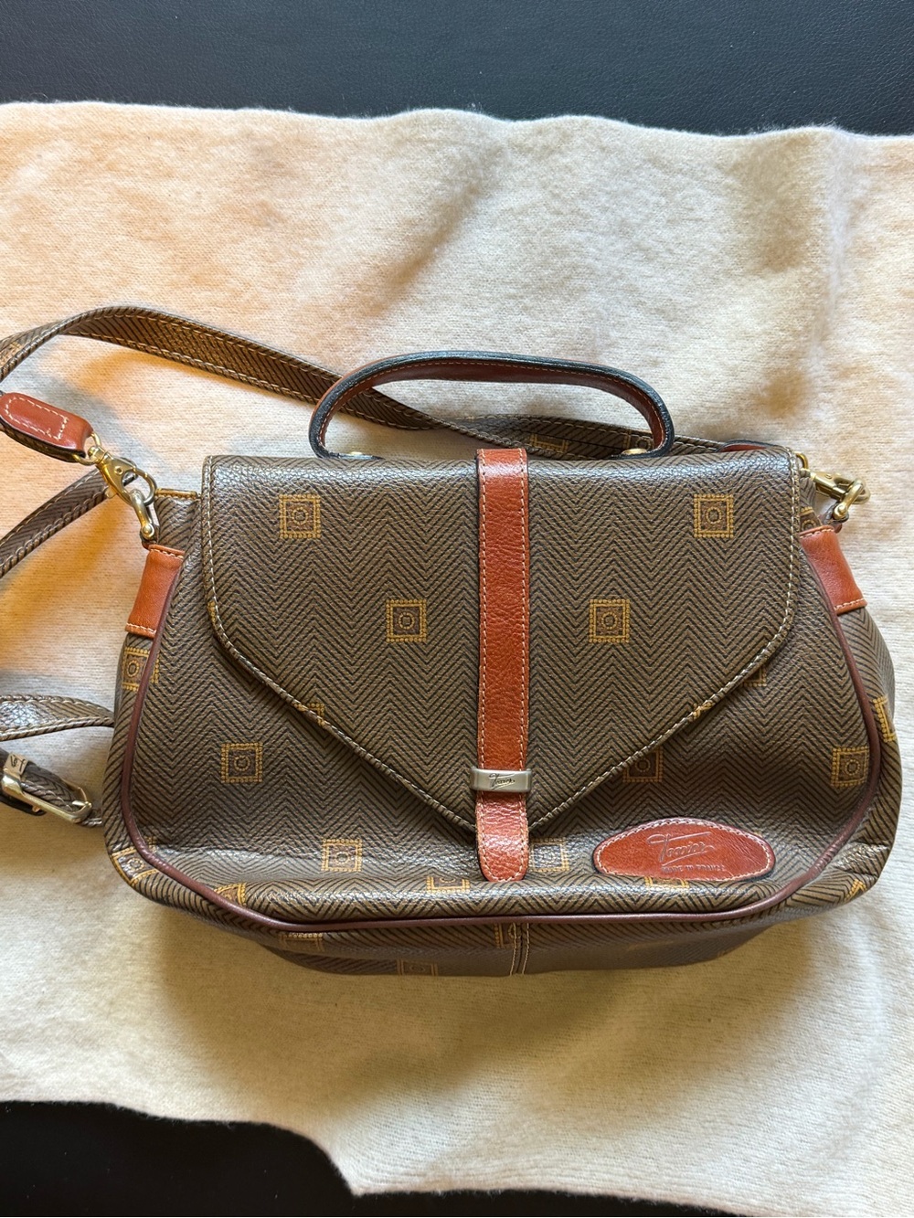 Texier France Brown Crossbody Shoulder Bag Vintage Patterned Purse